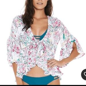 L*Space Lilly floral bell sleeve ruffle tie front cropped swim cover top. XS